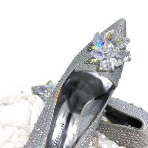 Geyunya Glitter Silver Sparkle Crystal Effect Cinderella Bridal Prom Heels